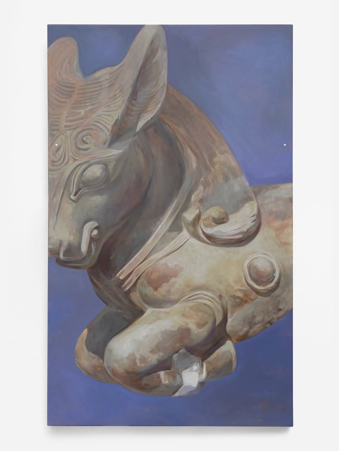 Blue-Field Position Study — bronze animal figure against lavender-blue background