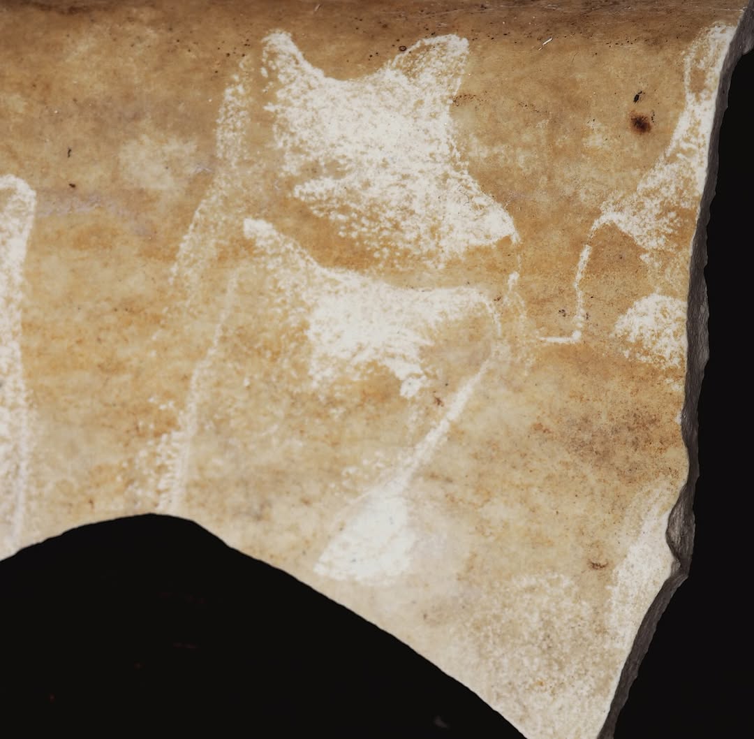 Engraving on a ceramic fragment with feline figures