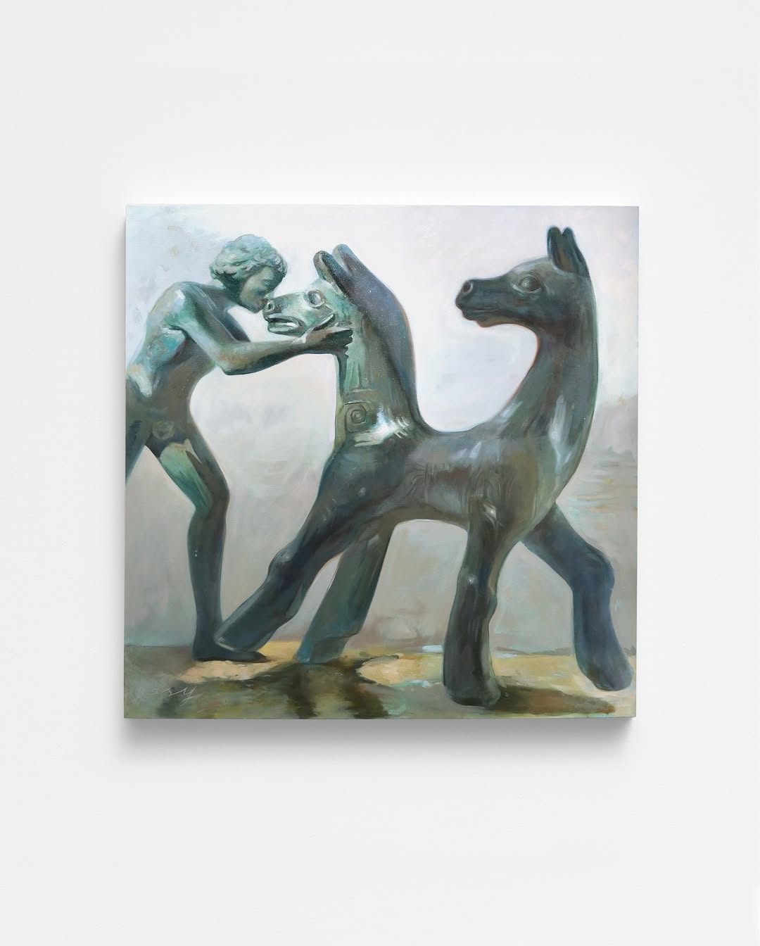 Double Figure in Motion — patinated bronze-like boy and deer/horse intertwined