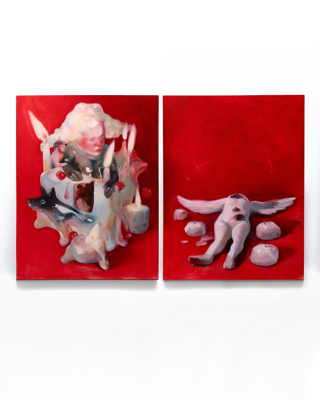 Extreme 1; Extreme 2 — red diptych with porcelain skull and winged figure with apples
