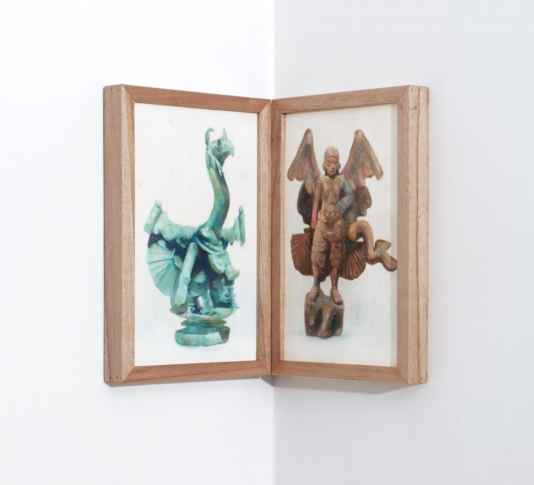Portable Figurines — oil on wooden panel diptych, corner display in handmade wooden frame