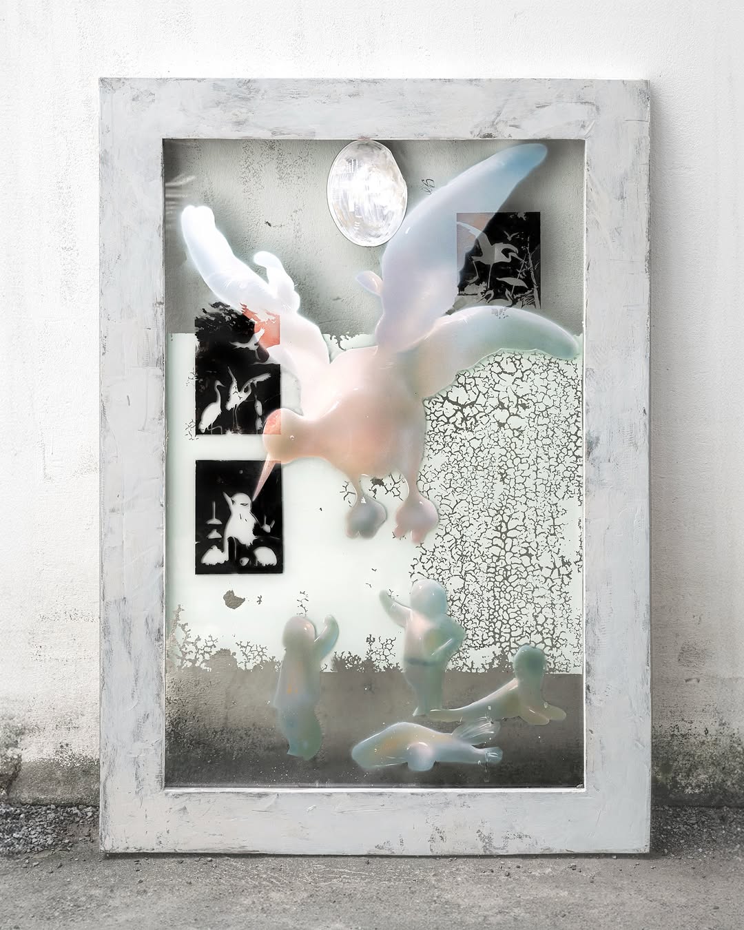 Land of Cranes — airbrushed glass window with cranes silhouettes and milky figures