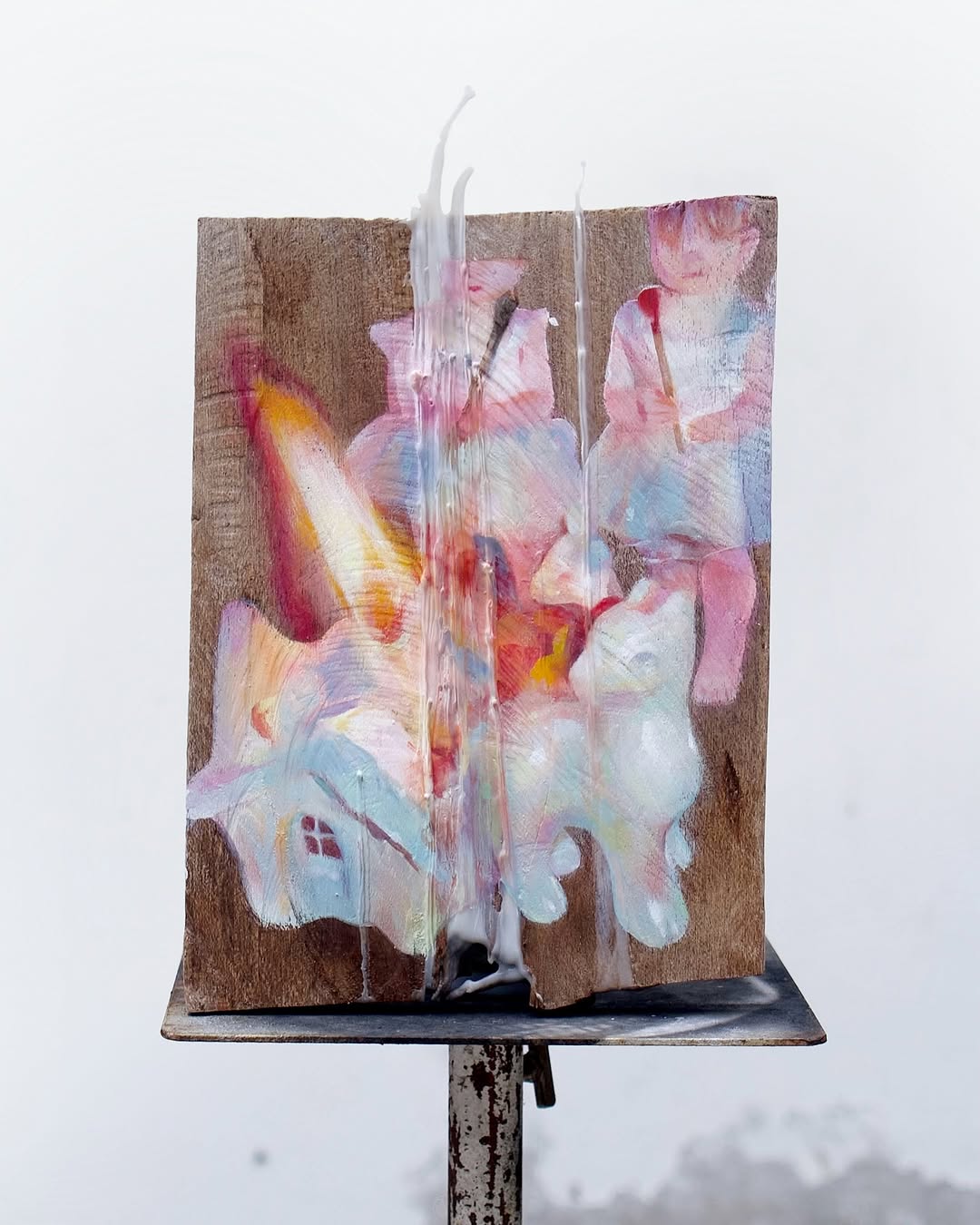 Matches as a Toy — acrylic and oil on small wood panel with wax drip