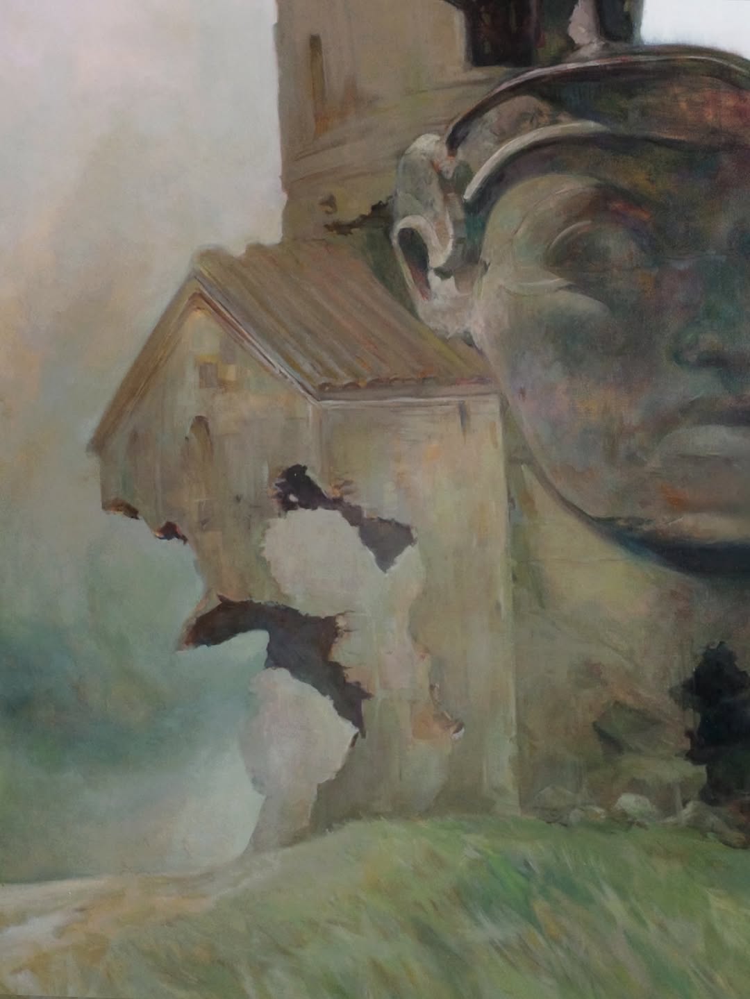 Phanteon — painting of monumental architectural face and building hybrid in muted greens and greys