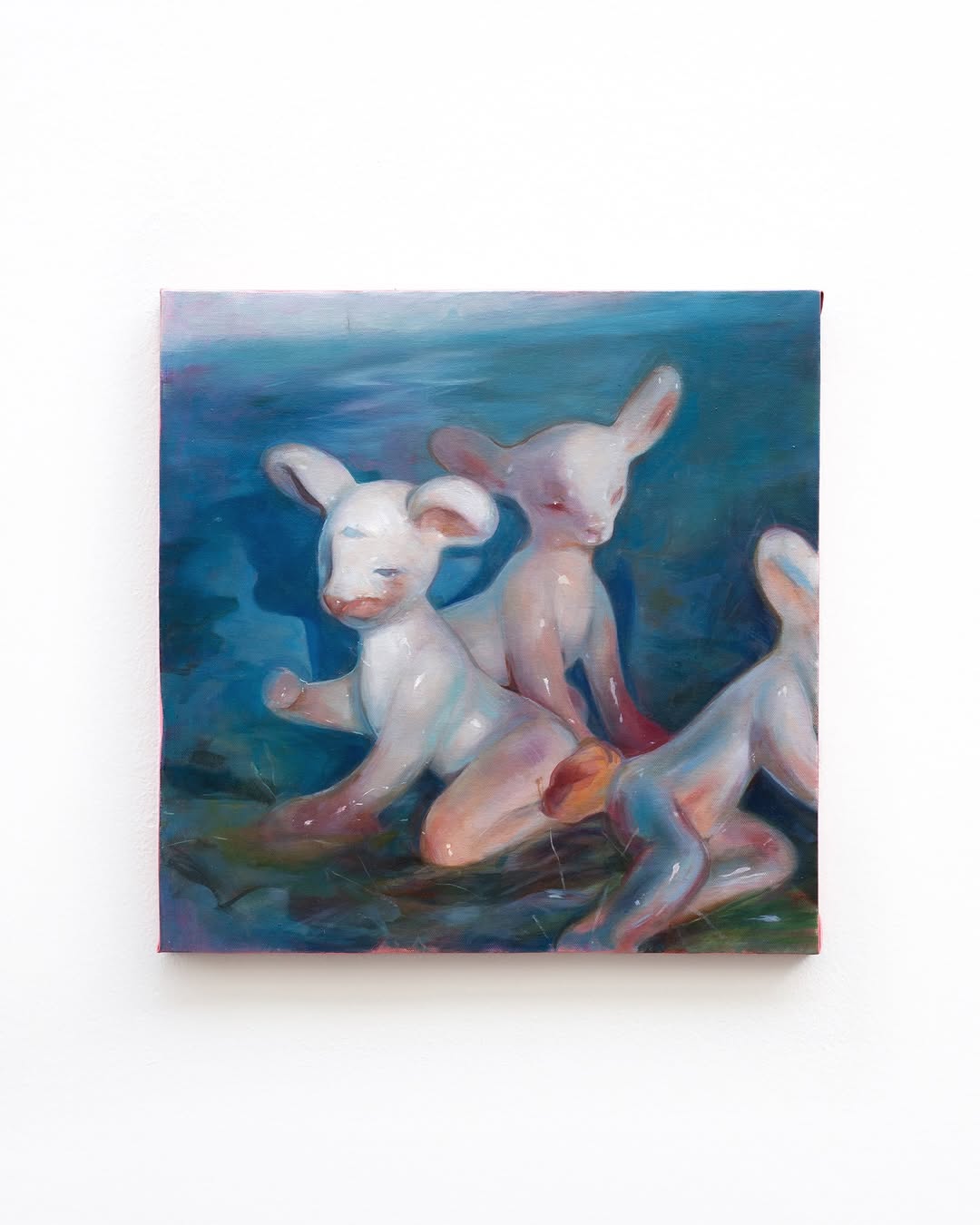 Untitled — porcelain lambs against deep blue, oil on canvas